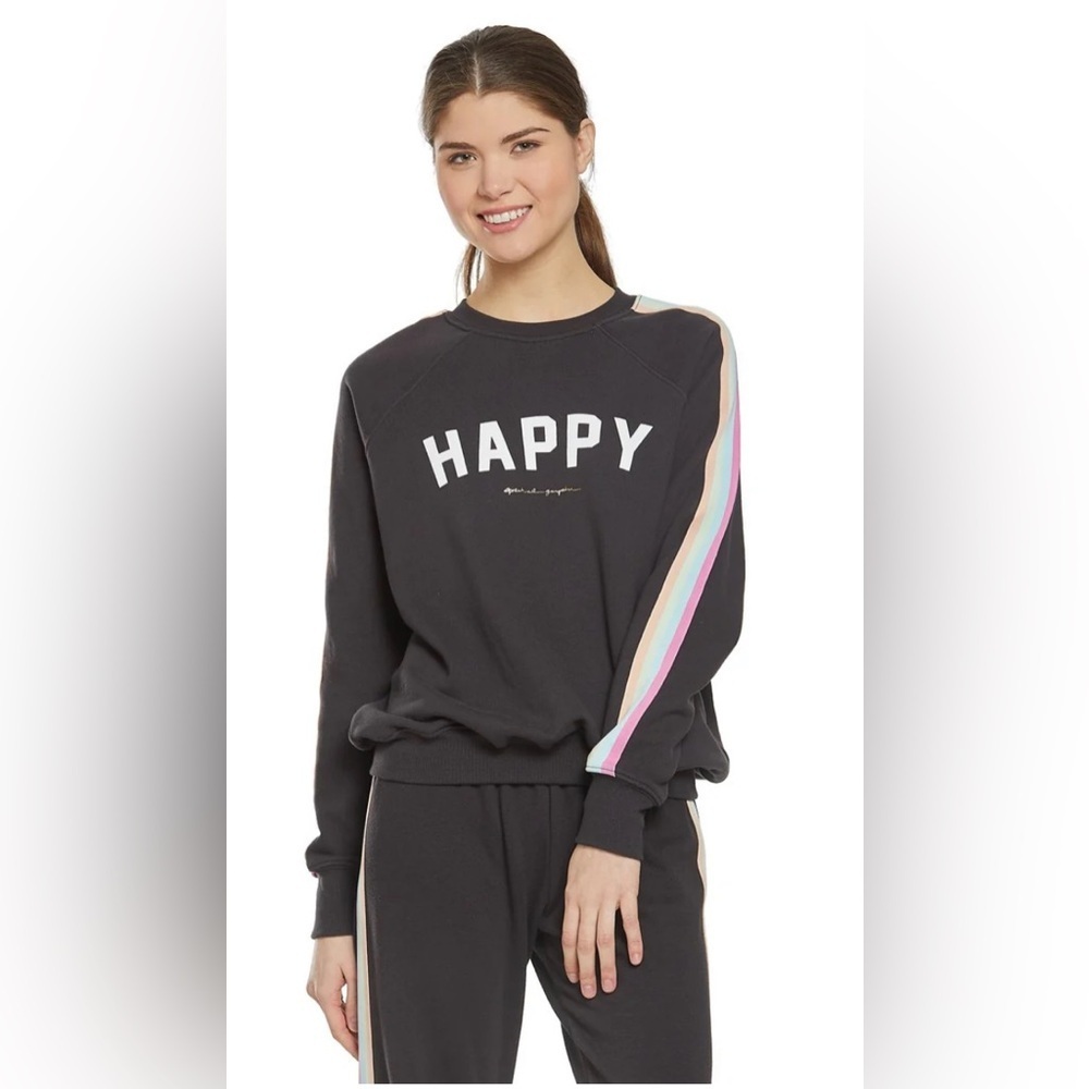 Spiritual Gangster Black 'Happy' Sweatshirt with Rainbow Stripes Size Large
